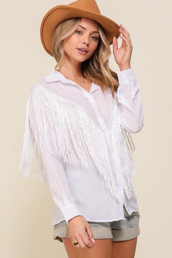 BUTTON DOWN CHIFFON WOVEN FRINGE TOP - Vella Moda