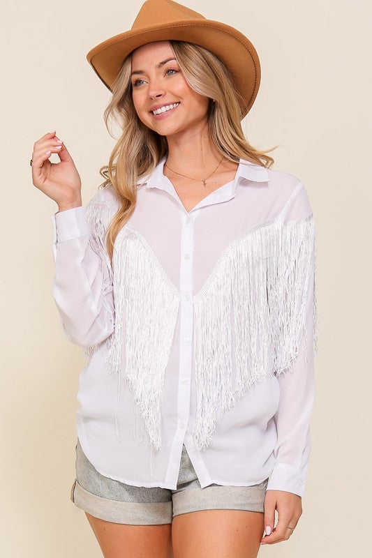 BUTTON DOWN CHIFFON WOVEN FRINGE TOP - Vella Moda