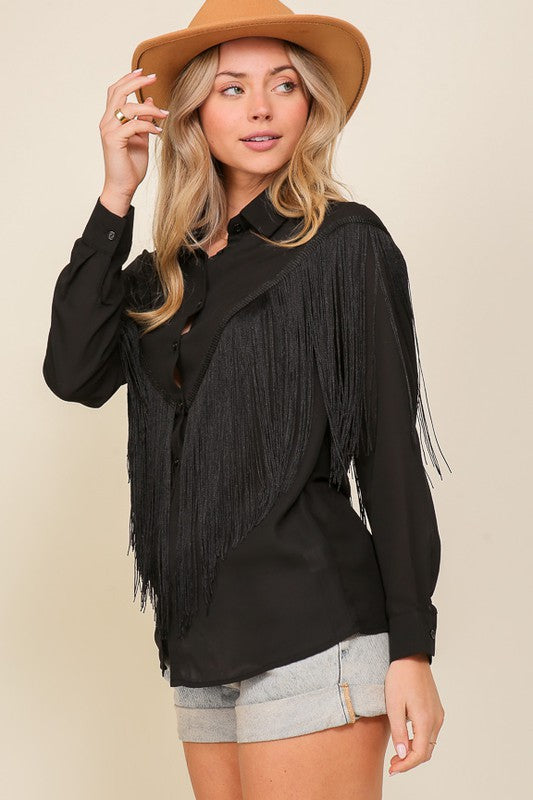 BUTTON DOWN CHIFFON WOVEN FRINGE TOP - Vella Moda