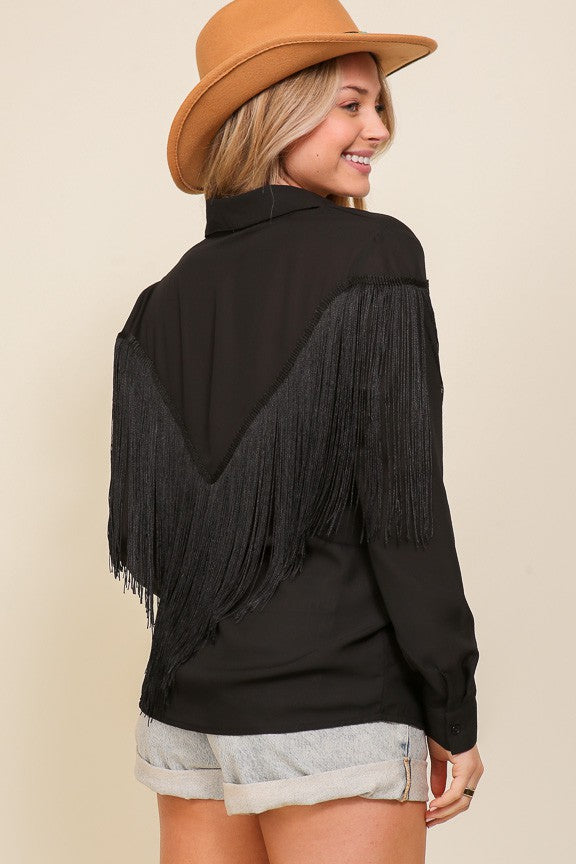 BUTTON DOWN CHIFFON WOVEN FRINGE TOP - Vella Moda