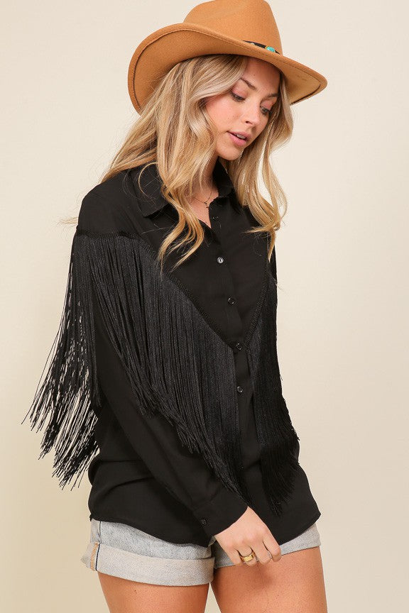 BUTTON DOWN CHIFFON WOVEN FRINGE TOP - Vella Moda